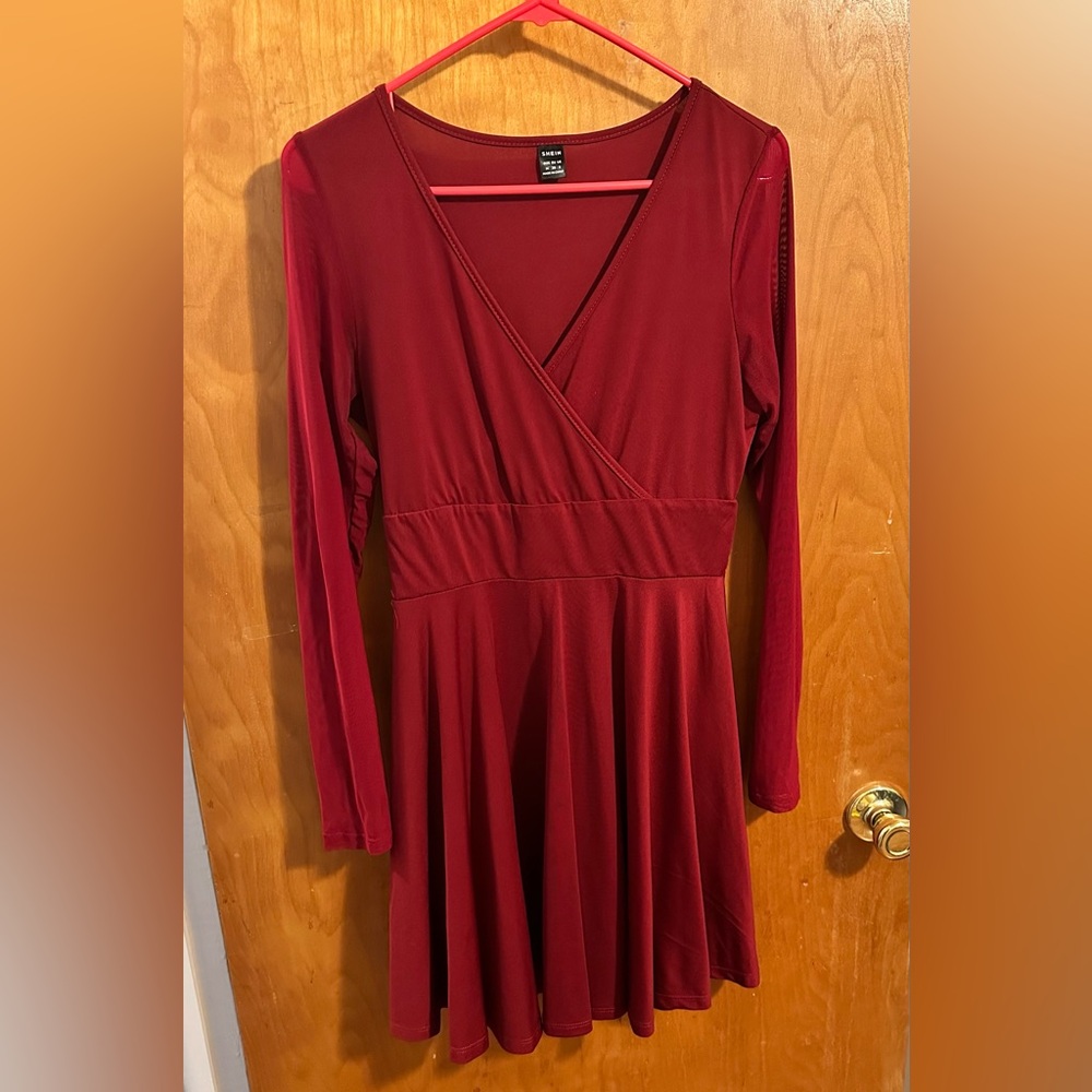 SHEIN Mesh Sleeve Knee Length Dress - Burgundy - Picture 3 of 9